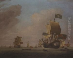 The "albemarl" 80/90 Guns-flagship Of Admiral Of The Fleet Sir John Leake, Kt. The English Fleet Coming To Anchor In The Bay Of Barcelona, 15th May 1708... by Peter Monamy