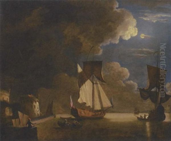 An Admiralty Yacht Off A Fortified Port By Moonlight - view 1