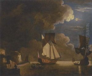 An Admiralty Yacht Off A Fortified Port By Moonlight thumbnail