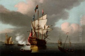 The Flagship At Anchor Firing An Admiral's Salute by Peter Monamy