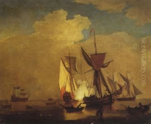 An English Man O' War Firing A Salute In Calm Waters, Other Sailing Vessel Nearby With Fishermen On The Beach In The Foreground by Peter Monamy