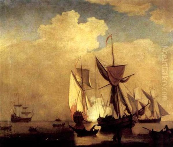 An English Man-o'war Firing Its Guns In Calm Waters, Other Sailing Vessels Nearby With Fishermen On The Beach In The Foreground - view 1