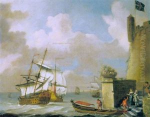 Seascape With Elegant Figures Approaching A Barge, British Men-of-war Beyond Seascape With Elegant Figures Approaching A Barge, British Men-of-war Beyond