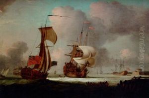 An Admiralty Yacht Running Out To Meet A Newly-arrived Man-o'war At Her Anchorage by Peter Monamy