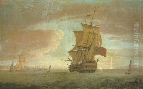 An English Three-masted Man O'war And Other Vessels Offshore, With A Sunset In The Distance - view 1