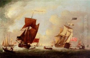 A Large Three-decker Heeling In The Swell Amongst Other Shipping Offshore