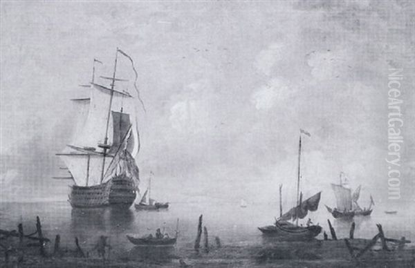 English Man-o-war At Anchor In A Harbour, With Coastal Vessels - view 1