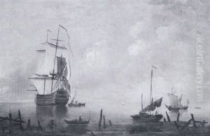 English Man-o-war At Anchor In A Harbour, With Coastal Vessels by Peter Monamy