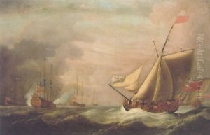 A Flagh Ship At Her Anchorage Saluting An Approaching Admiralty Yacht by Peter Monamy