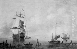 English Man O'war At Anchor In A Harbour, With Coastal Vessels English Man O'war At Anchor In A Harbour, With Coastal Vessels