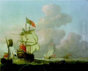 A Man Of War Firing A Salute, Other Shipping And A Harbour Beyond