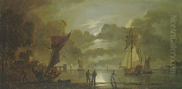 Moonlight Estuary With Numerous Figures And Vessels Before A Town - view 1
