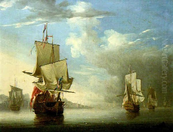 Men-o'-war At Anchor Off The Coast, Drying Their Sails - view 1