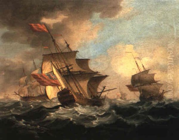 A British Man Of War In A Strong Breeze With East Indiamen In The Distance - view 1