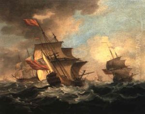 A British Man Of War In A Strong Breeze With East Indiamen In The Distance A British Man Of War In A Strong Breeze With East Indiamen In The Distance