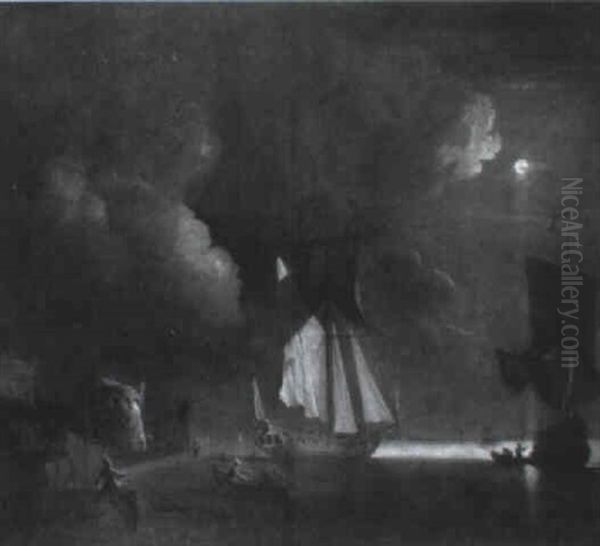Yachts At Anchor In A Harbour By Moonlight - view 1