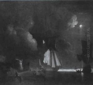 Yachts At Anchor In A Harbour By Moonlight by Peter Monamy