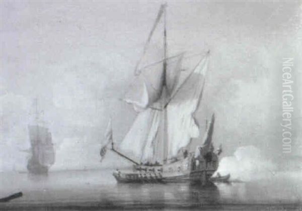 A Smack-rigged Yacht Firing A Salute - view 1