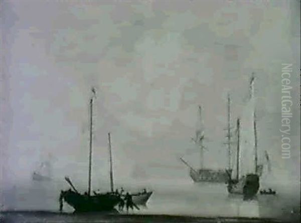 A British Man Of War And Dutch Fishing Vessels Off The Coast In A Calm - view 1