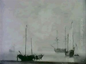 A British Man Of War And Dutch Fishing Vessels Off The Coast In A Calm by Peter Monamy