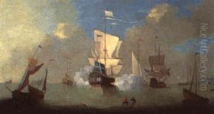 A Man-o-war Firing A Salute Off The Coast by Peter Monamy