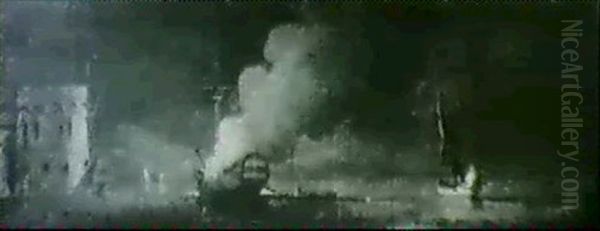 A Ship On Fire In A Moonlit Estuary By A Castle - view 1