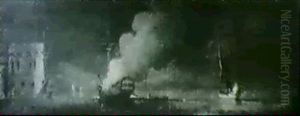 A Ship On Fire In A Moonlit Estuary By A Castle
