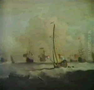 The British And Dutch Fleets In Open Seas, A Yatch Rowing   Boat In The Foreground by Peter Monamy