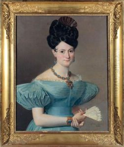 Jeune Femme En Robe Bleue, Tenant Un Eventail