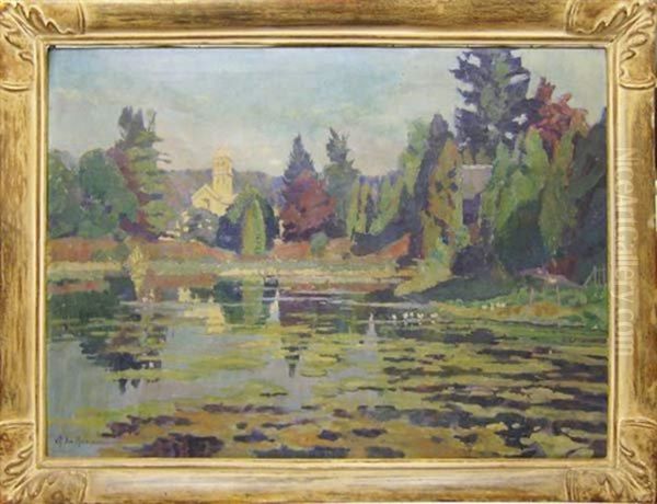 Paysage. (eglise Se Refletant Dans Un Etang) - view 1