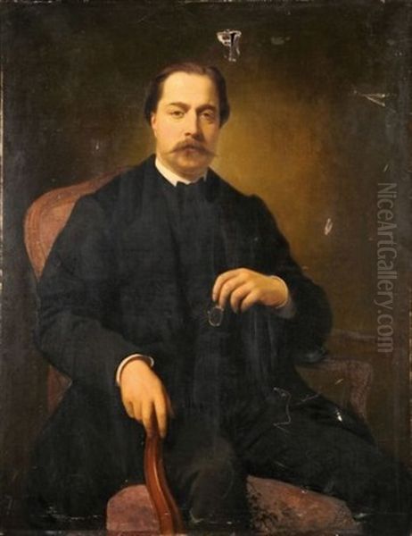 Portrait D'homme A La Redingote Noir Et Au Gilet Rouge - view 1
