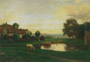 Cattle Grazing By A River, Sunset by Jean Ferdinand Monchablon