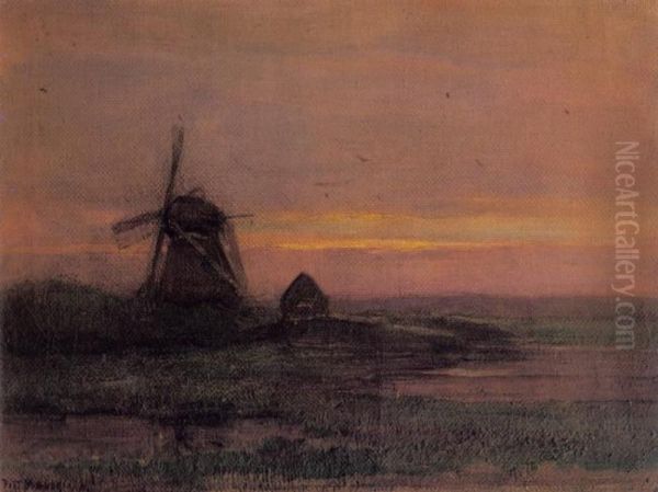 Oostzijdse Mill With Streaked Reddish Sky - view 1