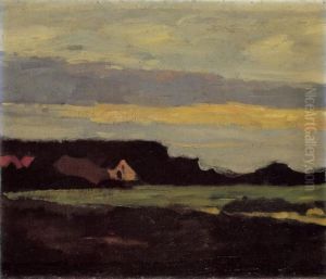 Farm Buildings In White And Red Near A Green Field by Piet Mondrian