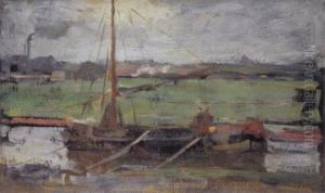 Polder With Moored Boat Near Amsterdam I by Piet Mondrian