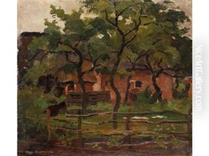 Bauerngehoft Unter Baumen Hinter Einem Weidezaun - Farm Building In Het Gooi, Fence And Trees In The Foreground by Piet Mondrian