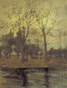 Two Trees Silhouetted Behind A Water Course