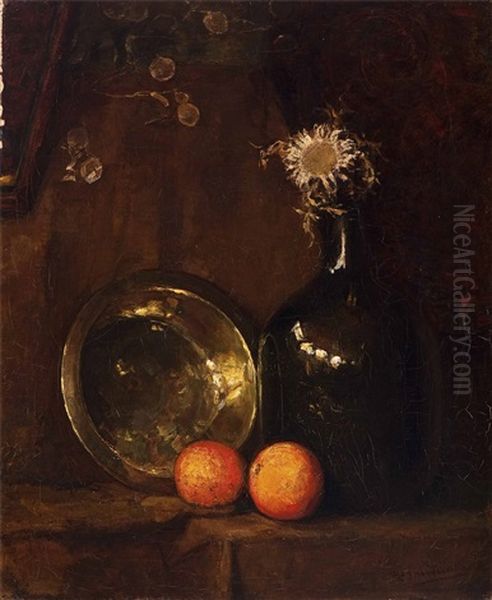Still Life With Dried Sunflower In A Glass Bottle, Brass Dish And Two Oranges - view 1