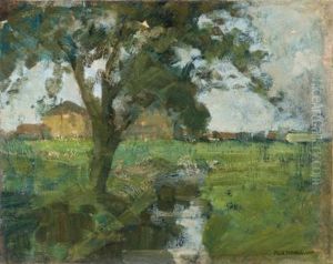 Farm Setting With Foreground Tree And Irrigation Ditch (scene De Ferme Avec Un Arbre Au Premier Plan Et Un Canal D'irrigation)