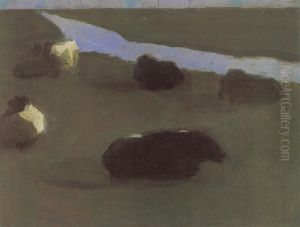 Polder Landscape With Irrigation Ditch And Five Cows by Piet Mondrian