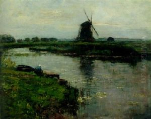 Oostzijde Mill With Woman At Dock Of Landzicht Farm by Piet Mondrian