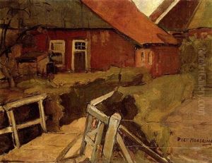 A Farmhouse With A Bridge In The Foreground