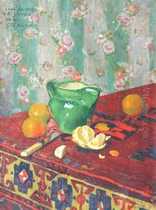 Nature Morte Aux Oranges Sur La Nappe Rouge by Georges Daniel Monfreid