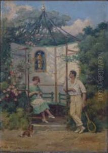 Jeune Tennisman Pres D'une Gloriette, Dans Un Jardin