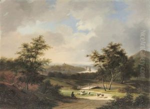 A Hilly River Landscape With A Shepherd On A Sandy Track