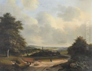 Sommerliche Landschaft Mit Dorf Und Figurenstaffage