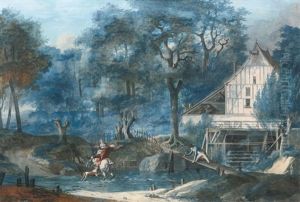 Cavalier Traversant Le Gue Devant Un Moulin A Eau (+ Baigneuses Dans Un Paysage Classique; 2 Works) by Antoine Pierre Mongin