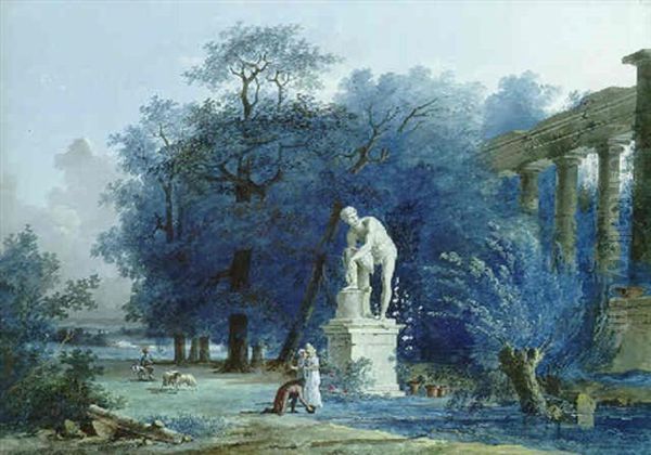 A Garden By A Ruined Temple With A Young Man Kneeling Before Two Ladies Near A Statue Of Cincinnatus - view 1
