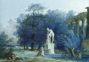 A Garden By A Ruined Temple With A Young Man Kneeling Before Two Ladies Near A Statue Of Cincinnatus