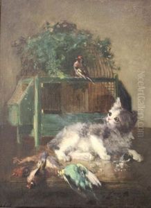 Chat Jouant Avec Des Oiseaux by Charles Monginot